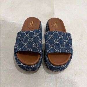 Gucci Denim Blue Monogram Slides